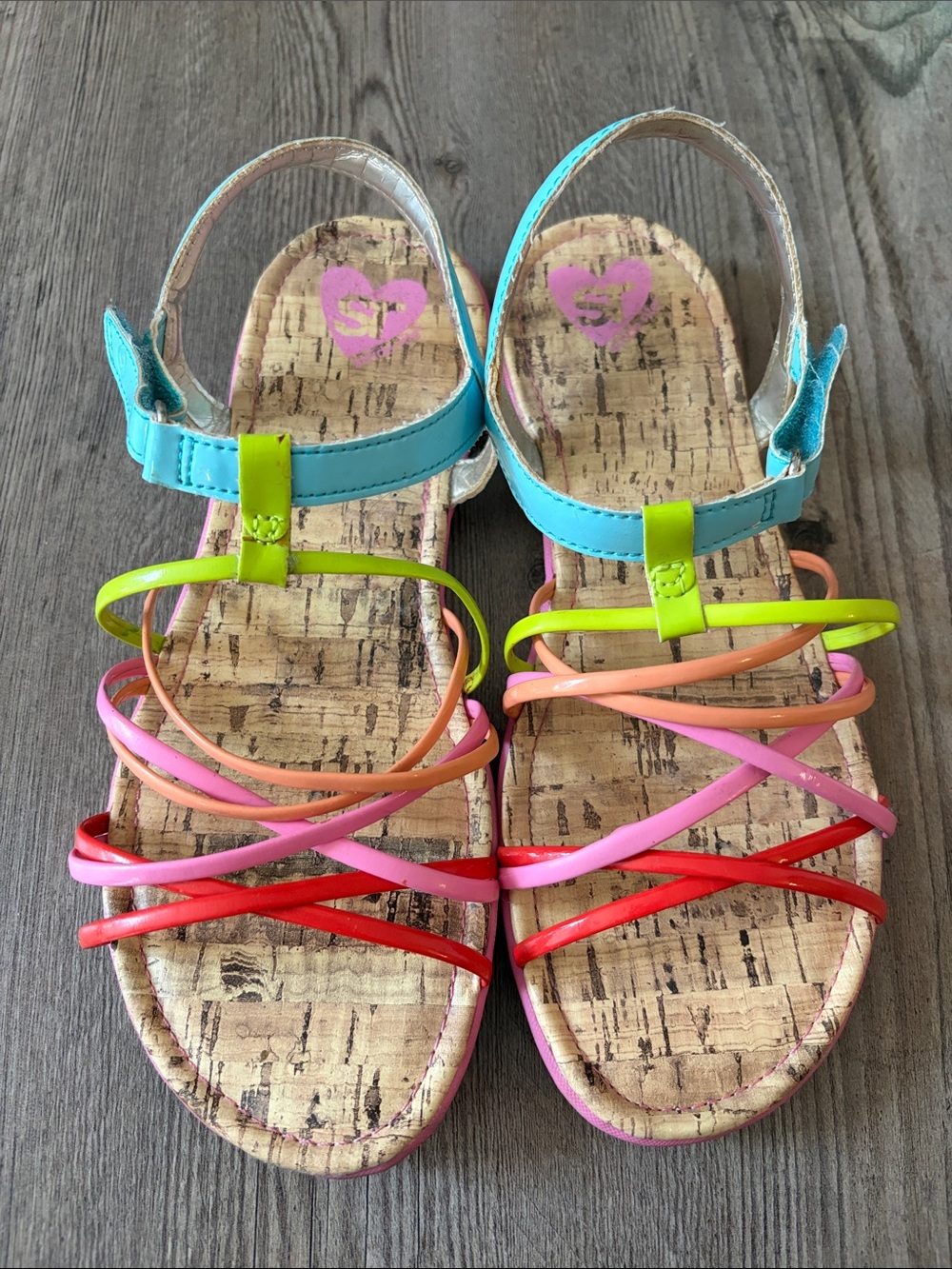 Girls Neon Multi-Color Strappy Sandals - Blue & Pink Accents